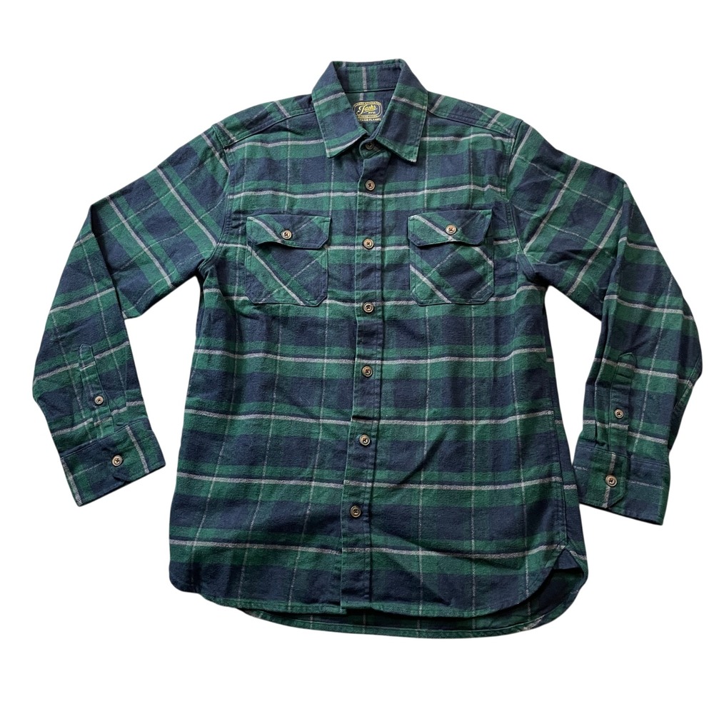 Jachs Heritage Flannel Medium 100% Cotton Green Blue Plaid Button Up Long Sleeve